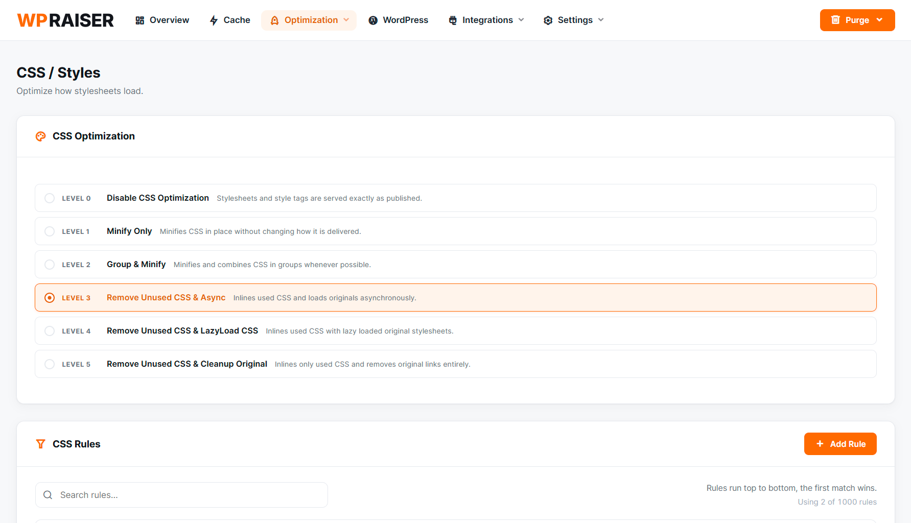 WP Raiser Styles optimization screen with level selector and rules engine